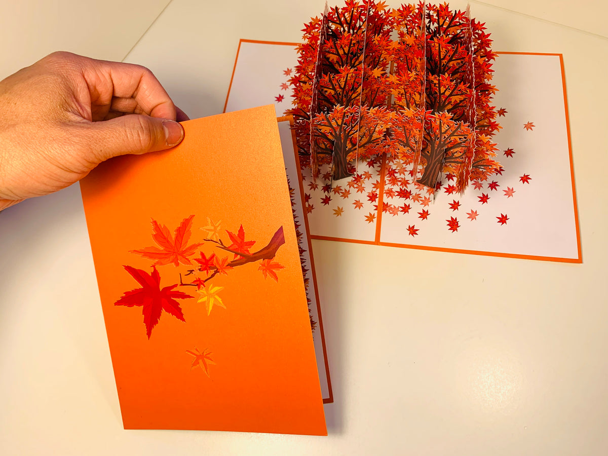 Japanese Maple Forest in Fall - Autumn Foliage 3D POP UP GREETING CARD - Created by Origami Pop Cards Australian Design & Handmade 3D Pop Up Magical Paper Cards, Handmade Pop Up Cards Happy Valentine's Day Celebrate Love Heart Fell and Romantic