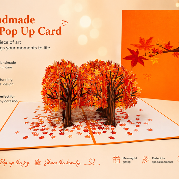 Japanese Maple Forest in Fall - Autumn Foliage 3D POP UP GREETING CARD - Created by Origami Pop Cards Australian Design & Handmade 3D Pop Up Magical Paper Cards, Handmade Pop Up Cards Happy Valentine's Day Celebrate Love Heart Fell and Romantic