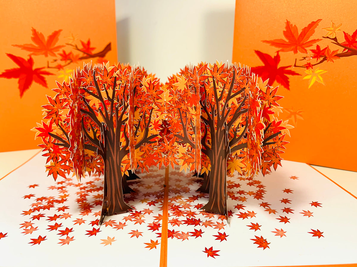 Japanese Maple Forest in Fall - Autumn Foliage 3D POP UP GREETING CARD - Created by Origami Pop Cards Australian Design & Handmade 3D Pop Up Magical Paper Cards, Handmade Pop Up Cards Happy Valentine's Day Celebrate Love Heart Fell and Romantic