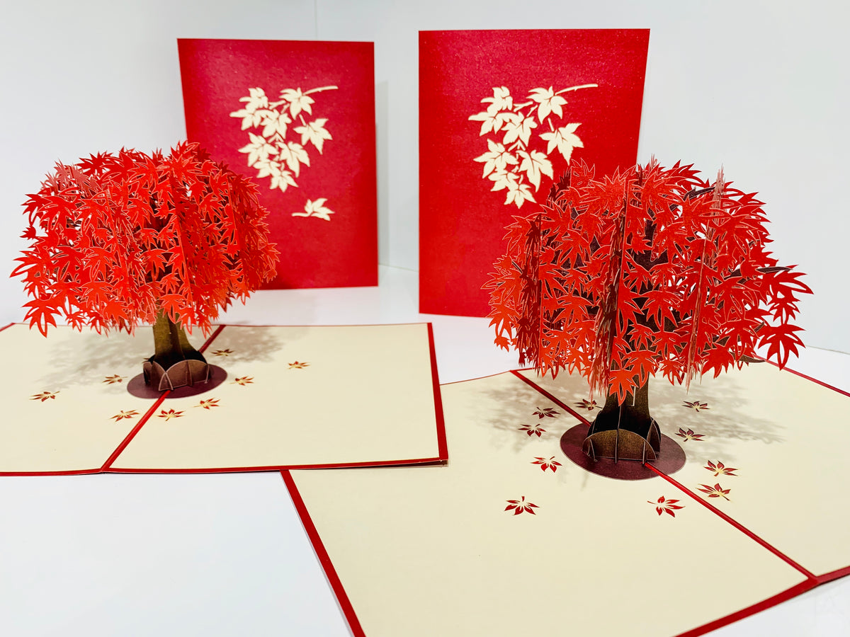 Japanese Maple Tree in Dark Red Cherry 3D POP UP GREETING CARD - Created by Origami Pop Cards Australian Design & Handmade 3D Pop Up Magical Paper Cards, Handmade Pop Up Cards Happy Valentine's Day Celebrate Love Heart Fell and Romantic