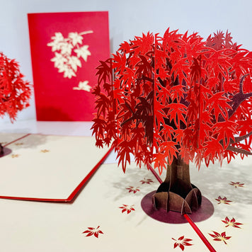 Japanese Maple Tree in Dark Red Cherry 3D POP UP GREETING CARD - Created by Origami Pop Cards Australian Design & Handmade 3D Pop Up Magical Paper Cards, Handmade Pop Up Cards Happy Valentine's Day Celebrate Love Heart Fell and Romantic