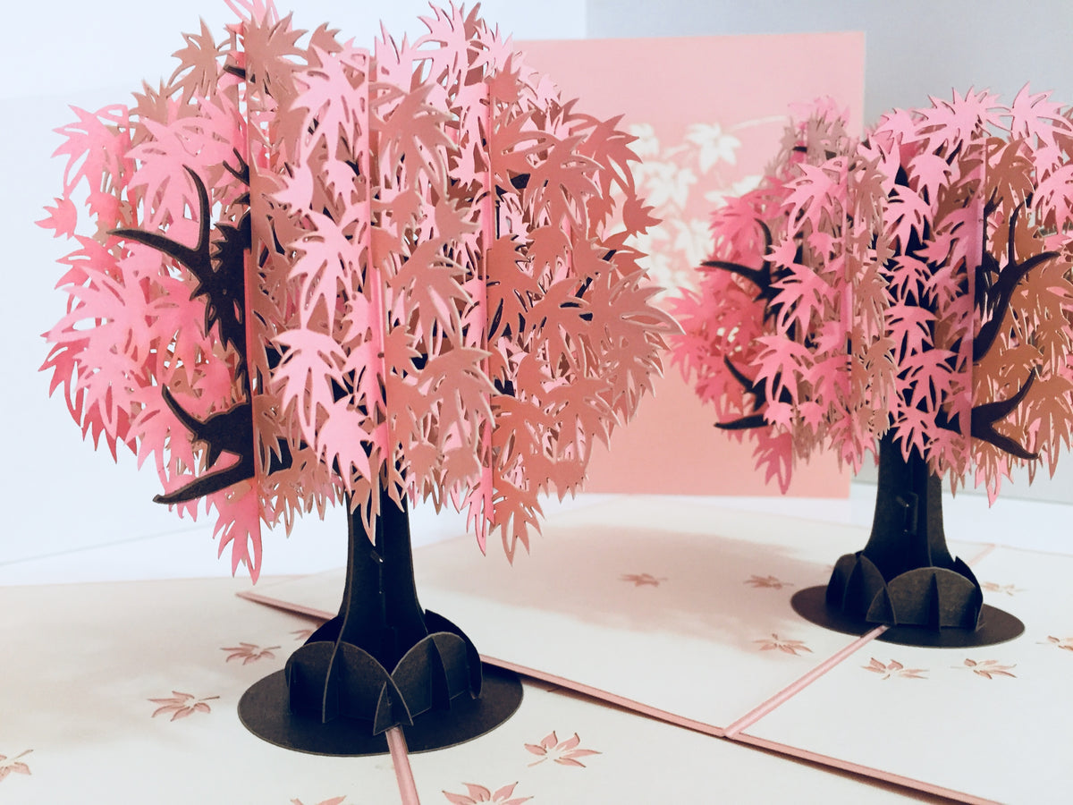 Metallic Japanese Maple Tree in Pink 3D POP UP GREETING CARD - Created by Origami Pop Cards Australian Design & Handmade 3D Pop Up Magical Paper Cards, Handmade Pop Up Cards Happy Valentine's Day Celebrate Love Heart Fell and Romantic