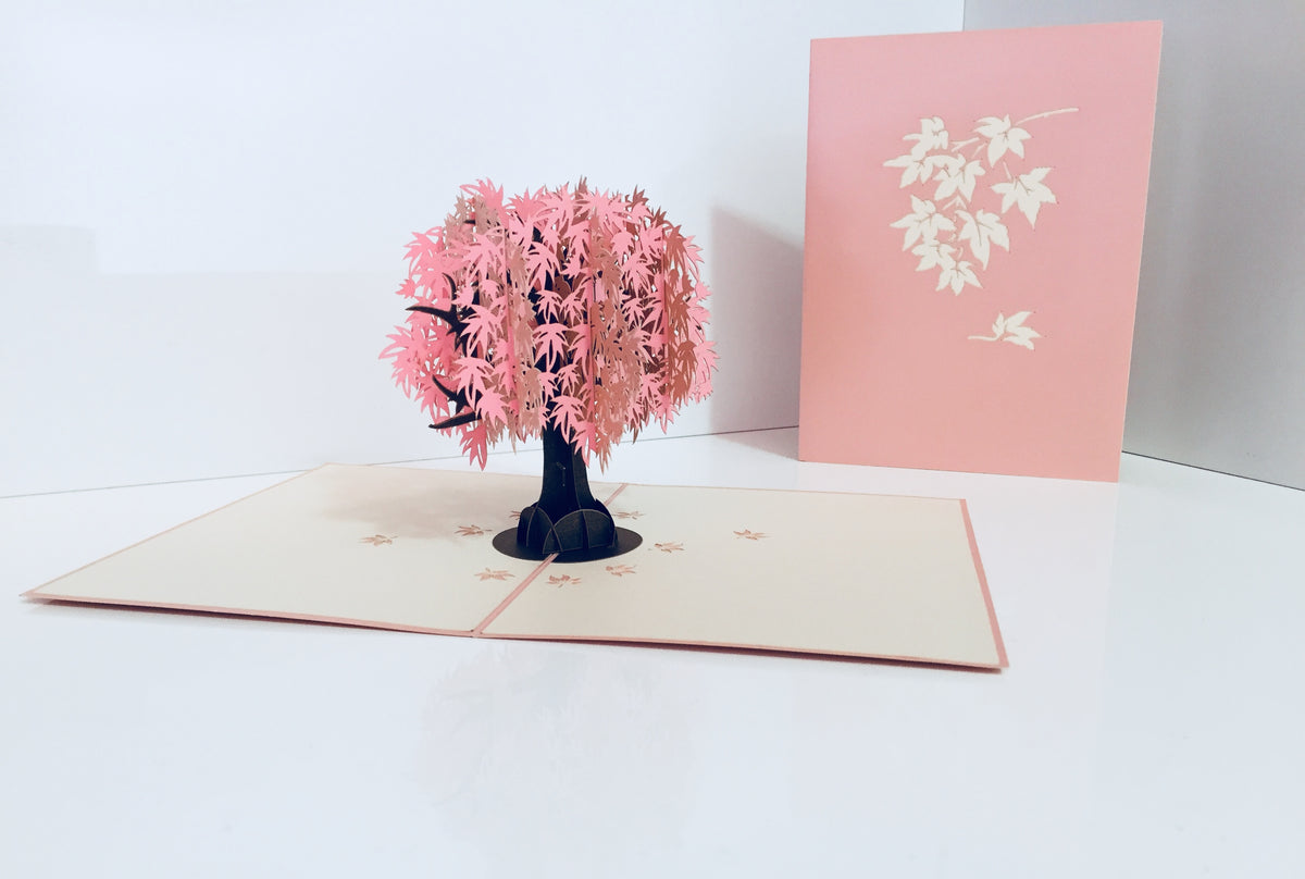 Metallic Japanese Maple Tree in Pink 3D POP UP GREETING CARD - Created by Origami Pop Cards Australian Design & Handmade 3D Pop Up Magical Paper Cards, Handmade Pop Up Cards Happy Valentine's Day Celebrate Love Heart Fell and Romantic