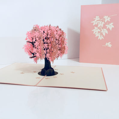 Metallic Japanese Maple Tree in Pink 3D POP UP GREETING CARD - Created by Origami Pop Cards Australian Design & Handmade 3D Pop Up Magical Paper Cards, Handmade Pop Up Cards Happy Valentine's Day Celebrate Love Heart Fell and Romantic