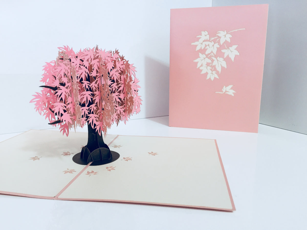 Metallic Japanese Maple Tree in Pink 3D POP UP GREETING CARD - Created by Origami Pop Cards Australian Design & Handmade 3D Pop Up Magical Paper Cards, Handmade Pop Up Cards Happy Valentine's Day Celebrate Love Heart Fell and Romantic