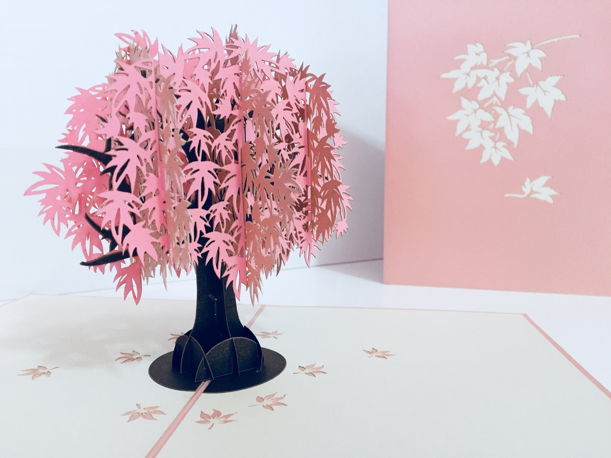 Metallic Japanese Maple Tree in Pink 3D POP UP GREETING CARD - Created by Origami Pop Cards Australian Design & Handmade 3D Pop Up Magical Paper Cards, Handmade Pop Up Cards Happy Valentine's Day Celebrate Love Heart Fell and Romantic