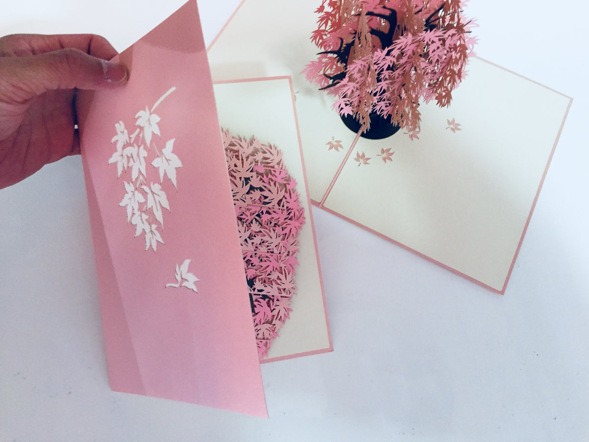 Metallic Japanese Maple Tree in Pink 3D POP UP GREETING CARD - Created by Origami Pop Cards Australian Design & Handmade 3D Pop Up Magical Paper Cards, Handmade Pop Up Cards Happy Valentine's Day Celebrate Love Heart Fell and Romantic