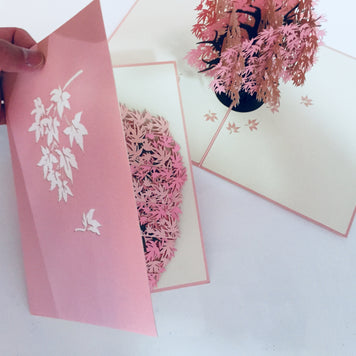 Metallic Japanese Maple Tree in Pink 3D POP UP GREETING CARD - Created by Origami Pop Cards Australian Design & Handmade 3D Pop Up Magical Paper Cards, Handmade Pop Up Cards Happy Valentine's Day Celebrate Love Heart Fell and Romantic