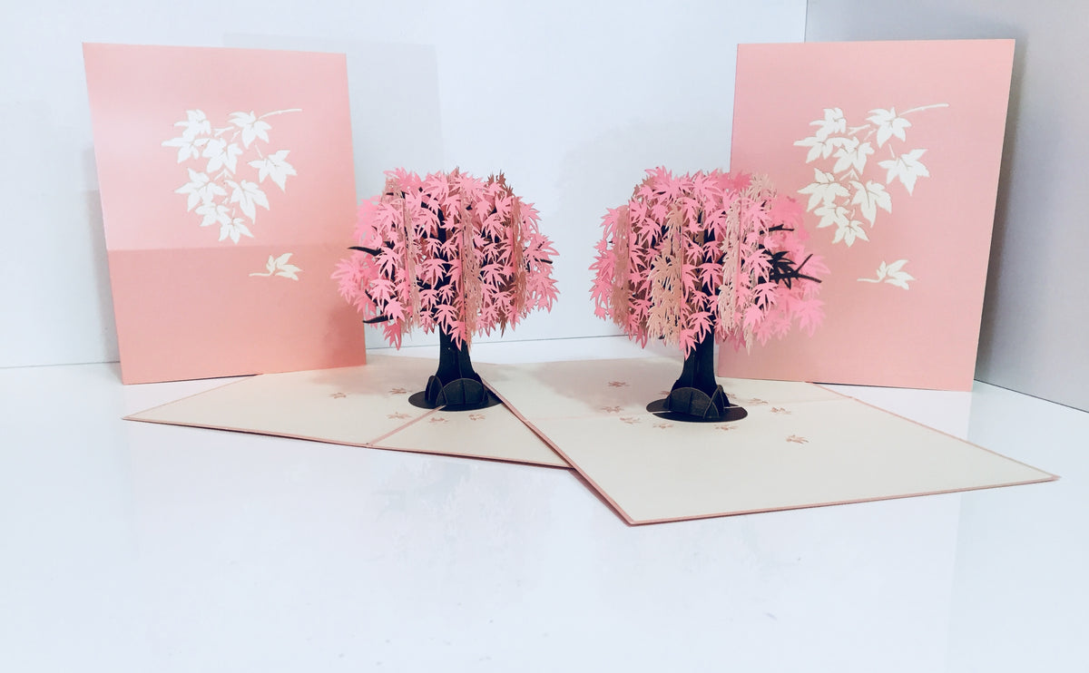 Metallic Japanese Maple Tree in Pink 3D POP UP GREETING CARD - Created by Origami Pop Cards Australian Design & Handmade 3D Pop Up Magical Paper Cards, Handmade Pop Up Cards Happy Valentine's Day Celebrate Love Heart Fell and Romantic