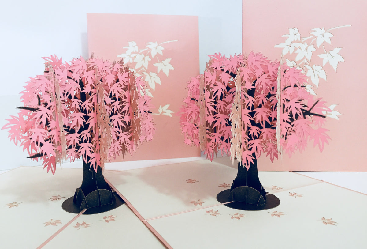 Metallic Japanese Maple Tree in Pink 3D POP UP GREETING CARD - Created by Origami Pop Cards Australian Design & Handmade 3D Pop Up Magical Paper Cards, Handmade Pop Up Cards Happy Valentine's Day Celebrate Love Heart Fell and Romantic