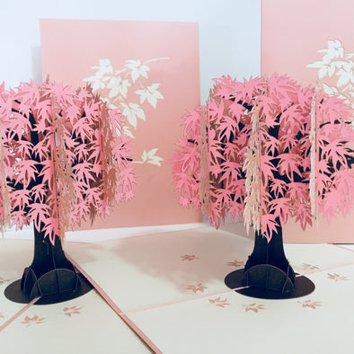 Metallic Japanese Maple Tree in Pink 3D POP UP GREETING CARD - Created by Origami Pop Cards Australian Design & Handmade 3D Pop Up Magical Paper Cards, Handmade Pop Up Cards Happy Valentine's Day Celebrate Love Heart Fell and Romantic