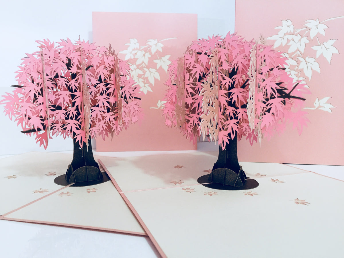Metallic Japanese Maple Tree in Pink 3D POP UP GREETING CARD - Created by Origami Pop Cards Australian Design & Handmade 3D Pop Up Magical Paper Cards, Handmade Pop Up Cards Happy Valentine's Day Celebrate Love Heart Fell and Romantic