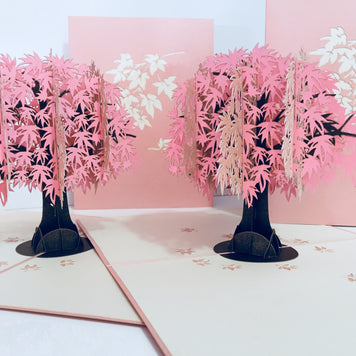 Metallic Japanese Maple Tree in Pink 3D POP UP GREETING CARD - Created by Origami Pop Cards Australian Design & Handmade 3D Pop Up Magical Paper Cards, Handmade Pop Up Cards Happy Valentine's Day Celebrate Love Heart Fell and Romantic