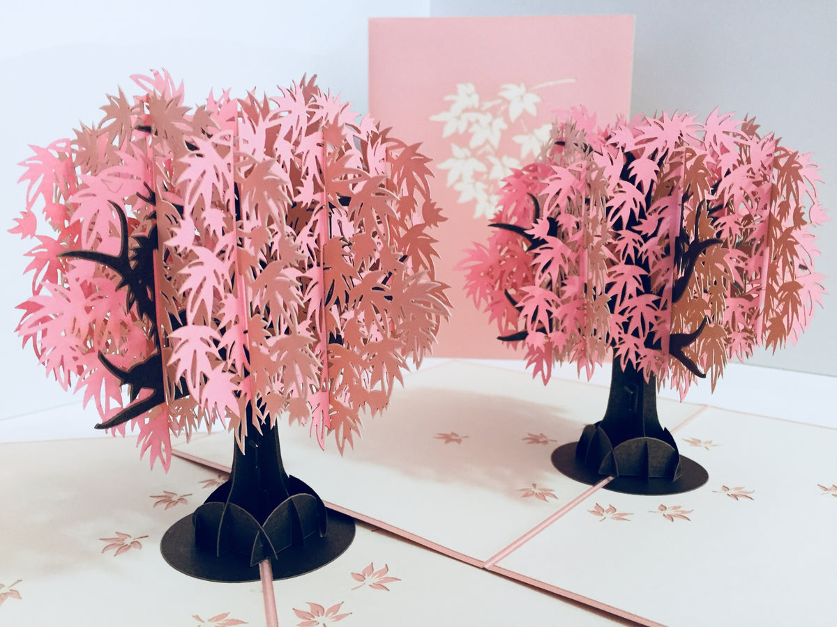 Metallic Japanese Maple Tree in Pink 3D POP UP GREETING CARD - Created by Origami Pop Cards Australian Design & Handmade 3D Pop Up Magical Paper Cards, Handmade Pop Up Cards Happy Valentine's Day Celebrate Love Heart Fell and Romantic