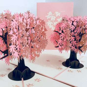 Metallic Japanese Maple Tree in Pink 3D POP UP GREETING CARD - Created by Origami Pop Cards Australian Design & Handmade 3D Pop Up Magical Paper Cards, Handmade Pop Up Cards Happy Valentine's Day Celebrate Love Heart Fell and Romantic