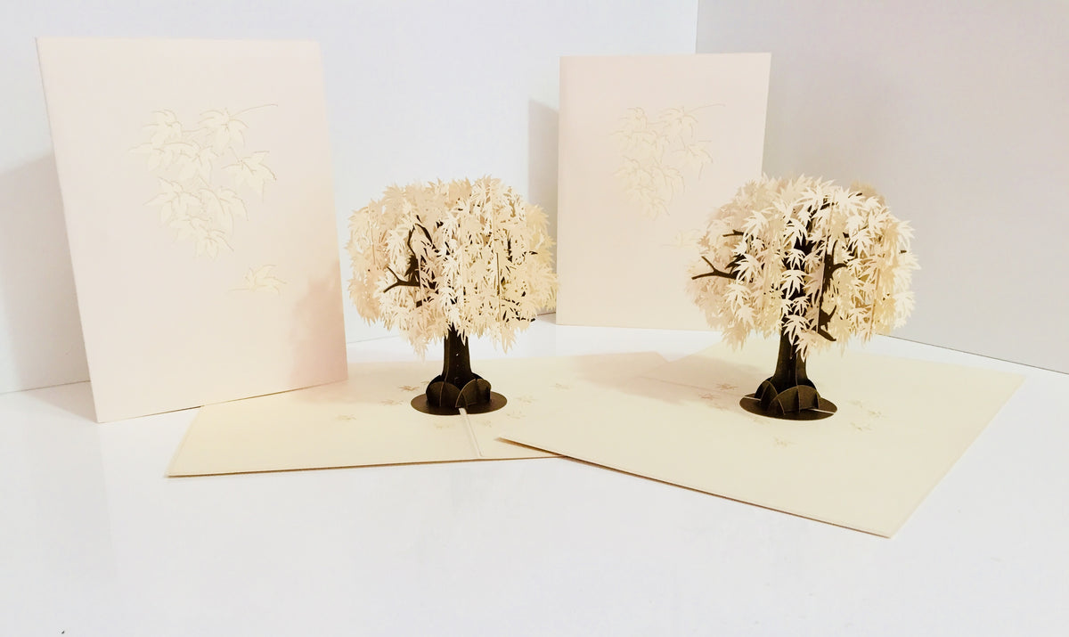 Japanese Maple Tree in White 3D POP UP GREETING CARD - Created by Origami Pop Cards Australian Design & Handmade 3D Pop Up Magical Paper Cards, Handmade Pop Up Cards Happy Valentine's Day Celebrate Love Heart Fell and Romantic