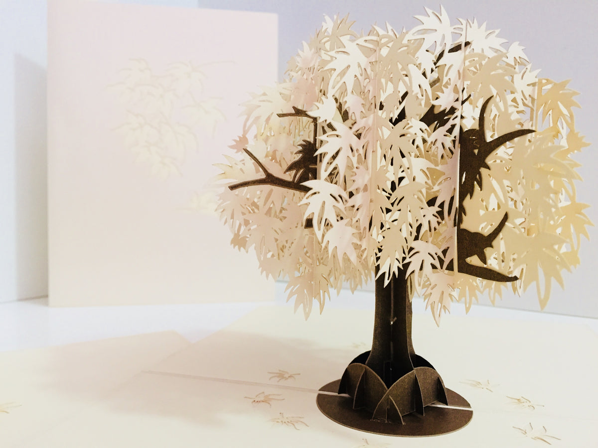 Japanese Maple Tree in White 3D POP UP GREETING CARD - Created by Origami Pop Cards Australian Design & Handmade 3D Pop Up Magical Paper Cards, Handmade Pop Up Cards Happy Valentine's Day Celebrate Love Heart Fell and Romantic