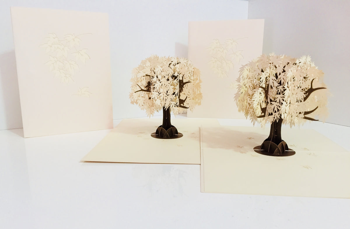 Japanese Maple Tree in White 3D POP UP GREETING CARD - Created by Origami Pop Cards Australian Design & Handmade 3D Pop Up Magical Paper Cards, Handmade Pop Up Cards Happy Valentine's Day Celebrate Love Heart Fell and Romantic