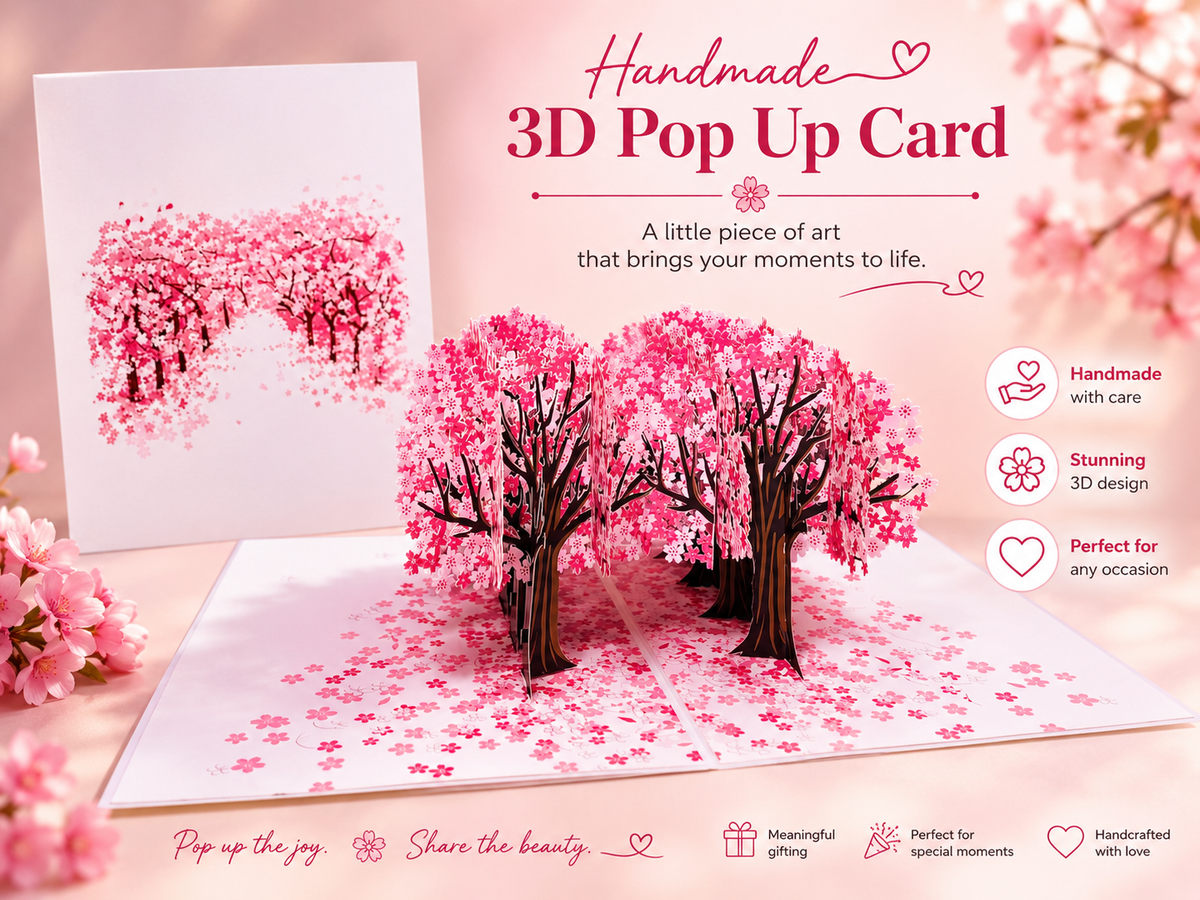 Japanese Sakura Forest - Full Bloom of Pink Cherry Blossom Trees 3D POP UP GREETING CARD - Created by Origami Pop Cards Australian Design & Handmade 3D Pop Up Magical Paper Cards, Handmade Cards Happy Valentine's Day Celebrate Love Heart Fell and Romantic