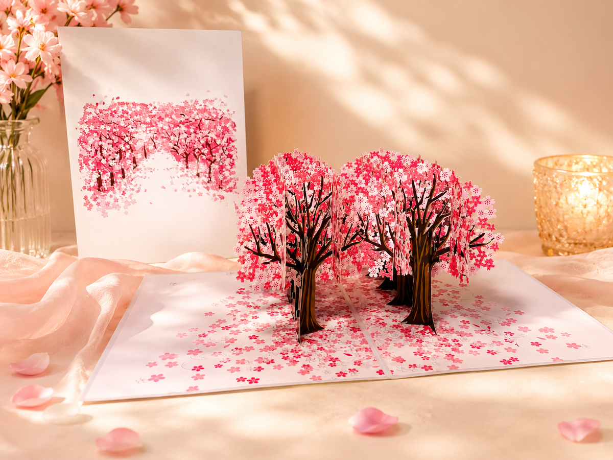 Japanese Sakura Forest - Full Bloom of Pink Cherry Blossom Trees 3D POP UP GREETING CARD - Created by Origami Pop Cards Australian Design & Handmade 3D Pop Up Magical Paper Cards, Handmade Cards Happy Valentine's Day Celebrate Love Heart Fell and Romantic