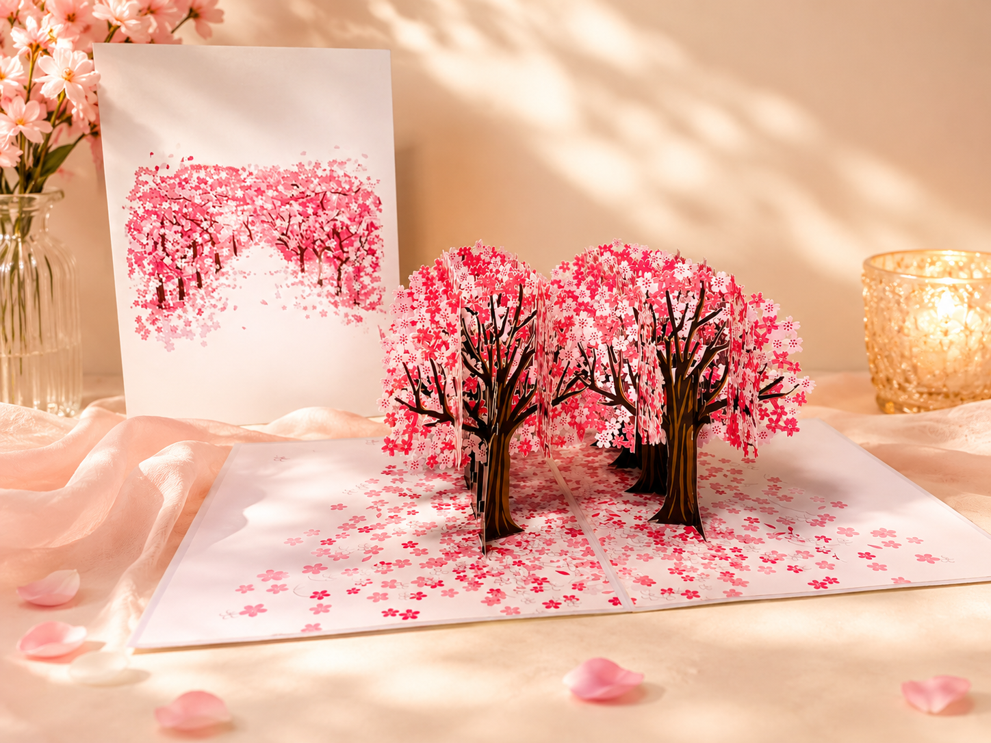 Japanese Sakura Forest - Full Bloom of Pink Cherry Blossom Trees 3D POP UP GREETING CARD - Created by Origami Pop Cards Australian Design & Handmade 3D Pop Up Magical Paper Cards, Handmade Cards Happy Valentine's Day Celebrate Love Heart Fell and Romantic