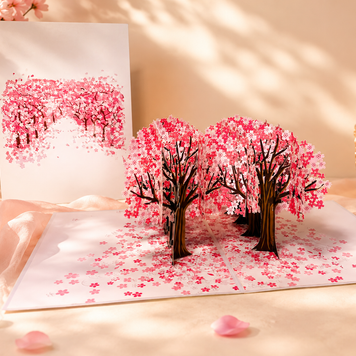 Japanese Sakura Forest - Full Bloom of Pink Cherry Blossom Trees 3D POP UP GREETING CARD - Created by Origami Pop Cards Australian Design & Handmade 3D Pop Up Magical Paper Cards, Handmade Cards Happy Valentine's Day Celebrate Love Heart Fell and Romantic