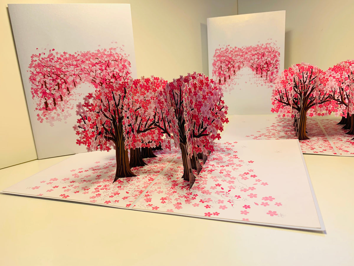 Japanese Sakura Forest - Full Bloom of Pink Cherry Blossom Trees 3D POP UP GREETING CARD - Created by Origami Pop Cards Australian Design & Handmade 3D Pop Up Magical Paper Cards, Handmade Cards Happy Valentine's Day Celebrate Love Heart Fell and Romantic
