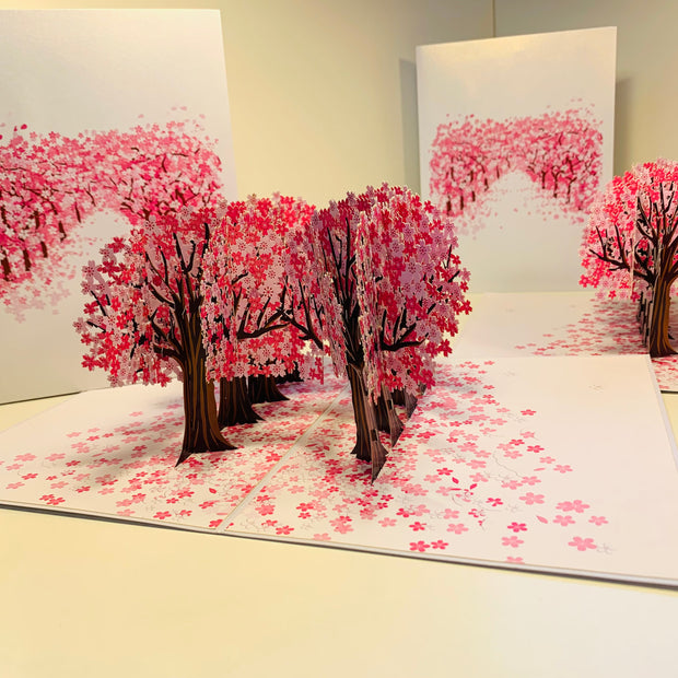 Japanese Sakura Forest - Full Bloom of Pink Cherry Blossom Trees 3D POP UP GREETING CARD - Created by Origami Pop Cards Australian Design & Handmade 3D Pop Up Magical Paper Cards, Handmade Cards Happy Valentine's Day Celebrate Love Heart Fell and Romantic