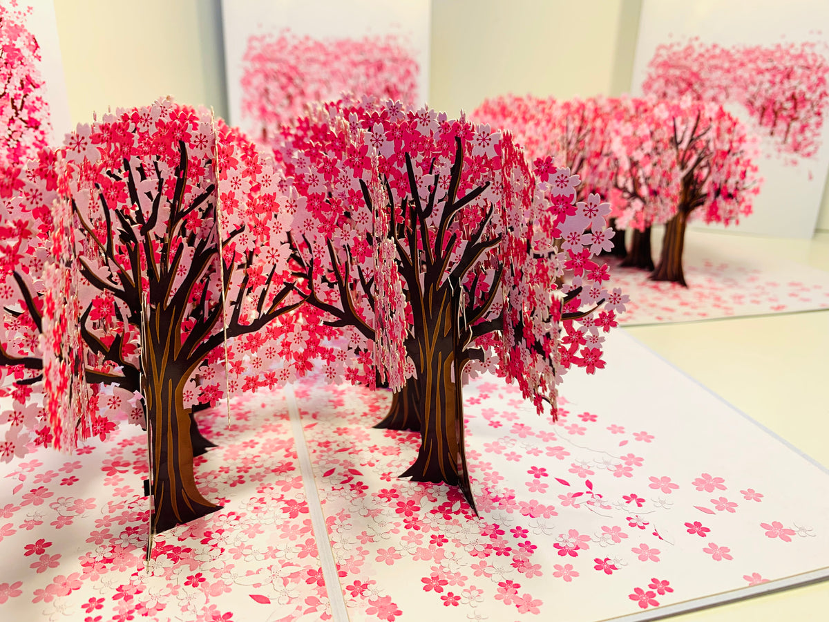 Japanese Sakura Forest - Full Bloom of Pink Cherry Blossom Trees 3D POP UP GREETING CARD - Created by Origami Pop Cards Australian Design & Handmade 3D Pop Up Magical Paper Cards, Handmade Cards Happy Valentine's Day Celebrate Love Heart Fell and Romantic