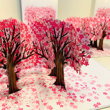 Japanese Sakura Forest - Full Bloom of Pink Cherry Blossom Trees 3D POP UP GREETING CARD - Created by Origami Pop Cards Australian Design & Handmade 3D Pop Up Magical Paper Cards, Handmade Cards Happy Valentine's Day Celebrate Love Heart Fell and Romantic