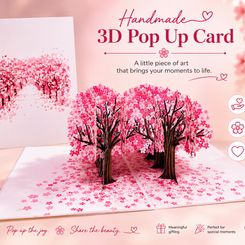 Japanese Sakura Forest - Full Bloom of Pink Cherry Blossom Trees 3D POP UP GREETING CARD - Created by Origami Pop Cards Australian Design & Handmade 3D Pop Up Magical Paper Cards, Handmade Cards Happy Valentine's Day Celebrate Love Heart Fell and Romantic