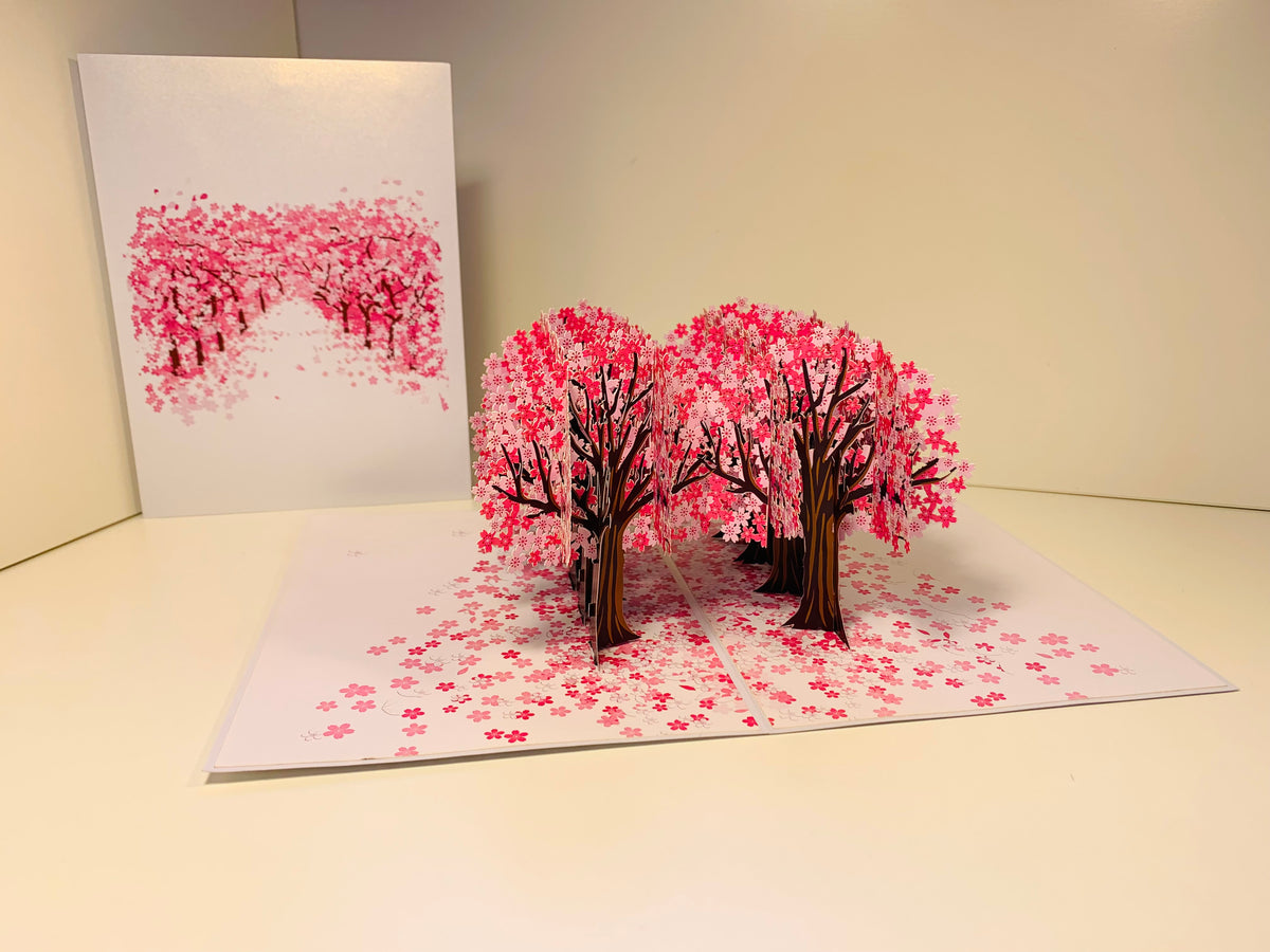 Japanese Sakura Forest - Full Bloom of Pink Cherry Blossom Trees 3D POP UP GREETING CARD - Created by Origami Pop Cards Australian Design & Handmade 3D Pop Up Magical Paper Cards, Handmade Cards Happy Valentine's Day Celebrate Love Heart Fell and Romantic