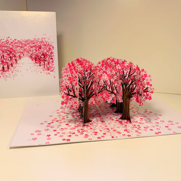Japanese Sakura Forest - Full Bloom of Pink Cherry Blossom Trees 3D POP UP GREETING CARD - Created by Origami Pop Cards Australian Design & Handmade 3D Pop Up Magical Paper Cards, Handmade Cards Happy Valentine's Day Celebrate Love Heart Fell and Romantic