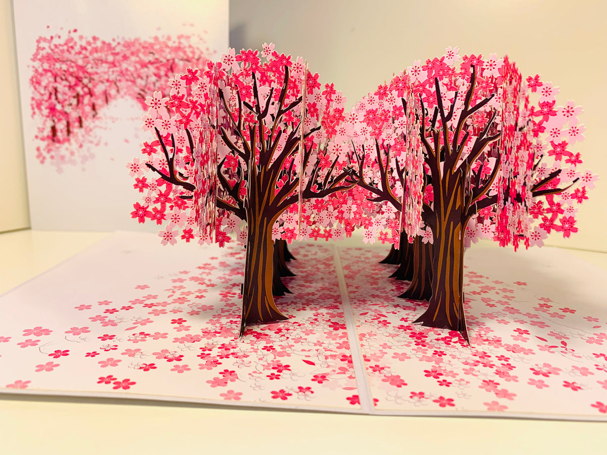 Japanese Sakura Forest - Full Bloom of Pink Cherry Blossom Trees 3D POP UP GREETING CARD - Created by Origami Pop Cards Australian Design & Handmade 3D Pop Up Magical Paper Cards, Handmade Cards Happy Valentine's Day Celebrate Love Heart Fell and Romantic