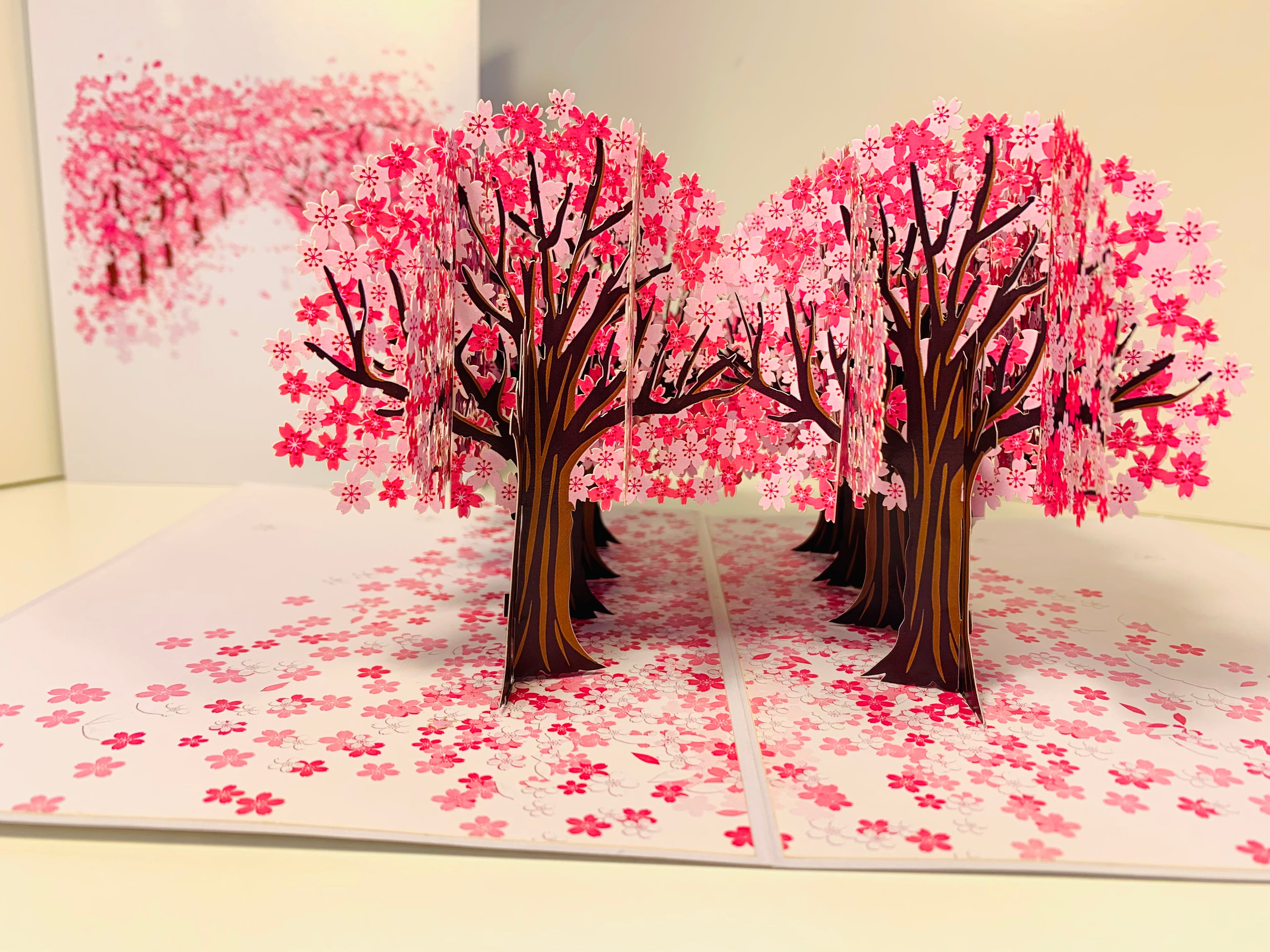 Japanese Sakura Forest - Full Bloom of Pink Cherry Blossom Trees 3D POP UP GREETING CARD - Created by Origami Pop Cards Australian Design & Handmade 3D Pop Up Magical Paper Cards, Handmade Cards Happy Valentine's Day Celebrate Love Heart Fell and Romantic