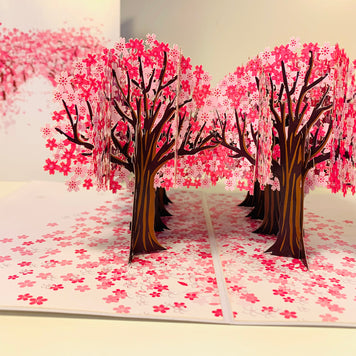 Japanese Sakura Forest - Full Bloom of Pink Cherry Blossom Trees 3D POP UP GREETING CARD - Created by Origami Pop Cards Australian Design & Handmade 3D Pop Up Magical Paper Cards, Handmade Cards Happy Valentine's Day Celebrate Love Heart Fell and Romantic