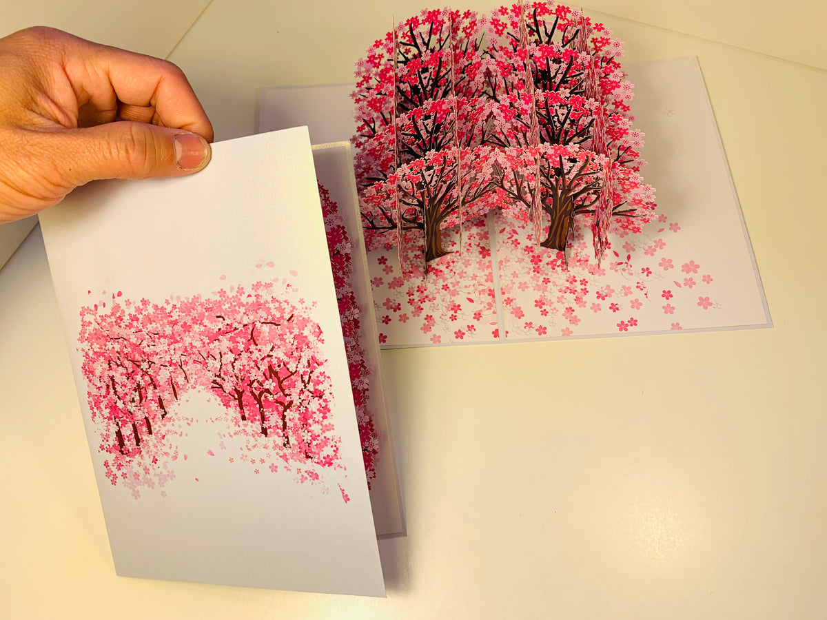 Japanese Sakura Forest - Full Bloom of Pink Cherry Blossom Trees 3D POP UP GREETING CARD - Created by Origami Pop Cards Australian Design & Handmade 3D Pop Up Magical Paper Cards, Handmade Cards Happy Valentine's Day Celebrate Love Heart Fell and Romantic