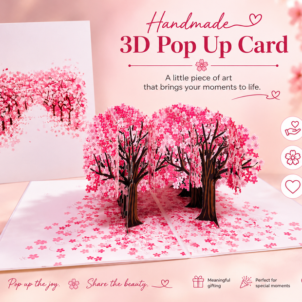 Japanese Sakura Forest - Full Bloom of Pink Cherry Blossom Trees 3D POP UP GREETING CARD - Created by Origami Pop Cards Australian Design & Handmade 3D Pop Up Magical Paper Cards, Handmade Cards Happy Valentine's Day Celebrate Love Heart Fell and Romantic