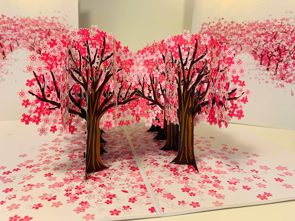 Japanese Sakura Forest - Full Bloom of Pink Cherry Blossom Trees 3D POP UP GREETING CARD - Created by Origami Pop Cards Australian Design & Handmade 3D Pop Up Magical Paper Cards, Handmade Cards Happy Valentine's Day Celebrate Love Heart Fell and Romantic