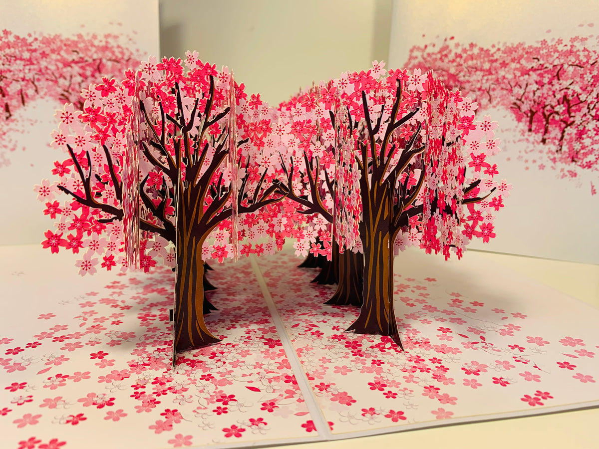Japanese Sakura Forest - Full Bloom of Pink Cherry Blossom Trees 3D POP UP GREETING CARD - Created by Origami Pop Cards Australian Design & Handmade 3D Pop Up Magical Paper Cards, Handmade Cards Happy Valentine's Day Celebrate Love Heart Fell and Romantic