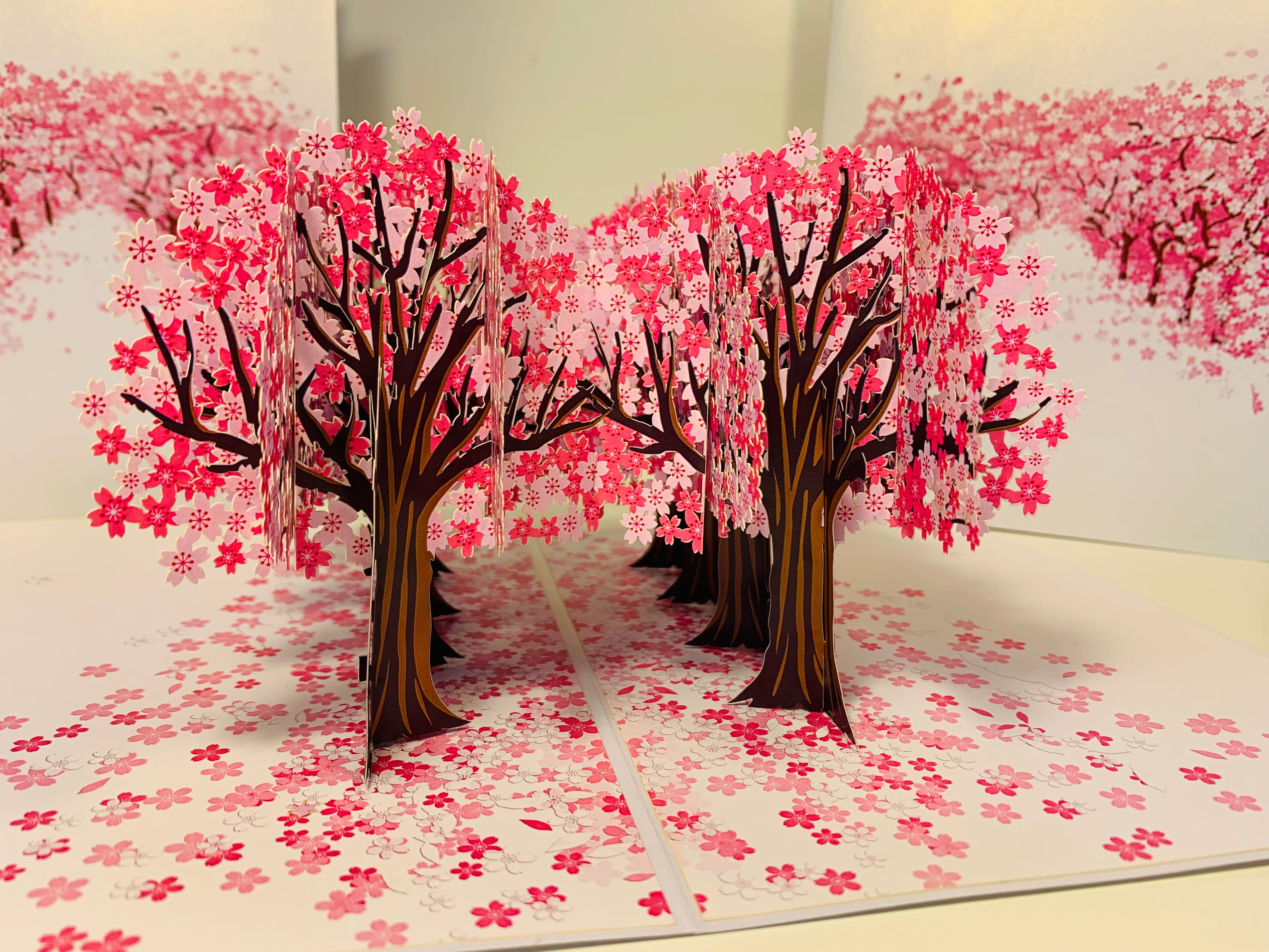Japanese Sakura Forest - Full Bloom of Pink Cherry Blossom Trees 3D POP UP GREETING CARD - Created by Origami Pop Cards Australian Design & Handmade 3D Pop Up Magical Paper Cards, Handmade Cards Happy Valentine's Day Celebrate Love Heart Fell and Romantic