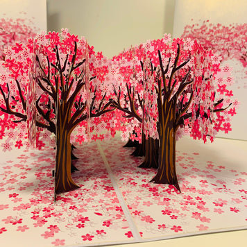 Japanese Sakura Forest - Full Bloom of Pink Cherry Blossom Trees 3D POP UP GREETING CARD - Created by Origami Pop Cards Australian Design & Handmade 3D Pop Up Magical Paper Cards, Handmade Cards Happy Valentine's Day Celebrate Love Heart Fell and Romantic