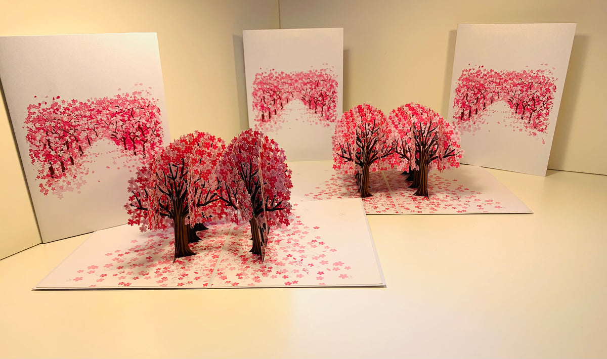 Japanese Sakura Forest - Full Bloom of Pink Cherry Blossom Trees 3D POP UP GREETING CARD - Created by Origami Pop Cards Australian Design & Handmade 3D Pop Up Magical Paper Cards, Handmade Cards Happy Valentine's Day Celebrate Love Heart Fell and Romantic