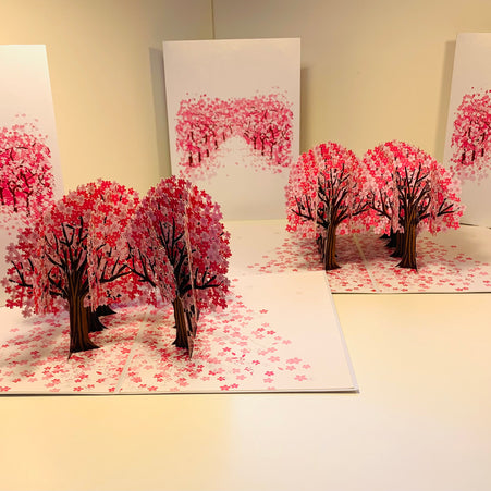 Japanese Sakura Forest - Full Bloom of Pink Cherry Blossom Trees 3D POP UP GREETING CARD - Created by Origami Pop Cards Australian Design & Handmade 3D Pop Up Magical Paper Cards, Handmade Cards Happy Valentine's Day Celebrate Love Heart Fell and Romantic