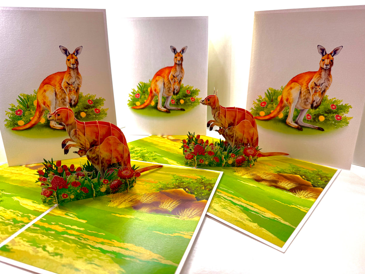 Kangaroo Mother & Baby Australian Wildlife Origami Pop Cards 3D Pop Up Greeting Card Thank You Handmade Gift Thinking of You Happy Birthday Occasion Australiana Celebrate the Beauty and Happiness During Special Day Best Wishes Gift