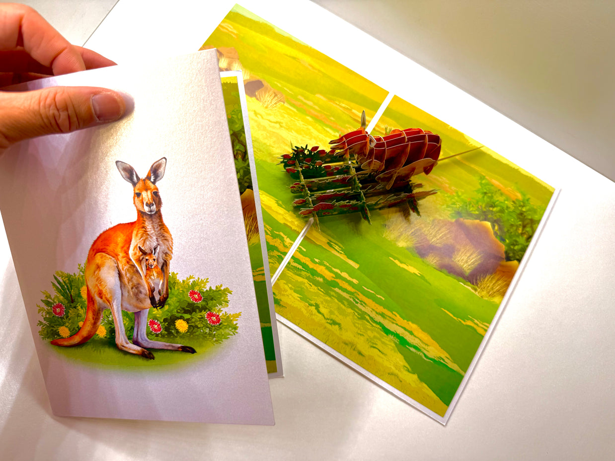 Kangaroo Mother & Baby Australian Wildlife Origami Pop Cards 3D Pop Up Greeting Card Thank You Handmade Gift Thinking of You Happy Birthday Occasion Australiana Celebrate the Beauty and Happiness During Special Day Best Wishes Gift