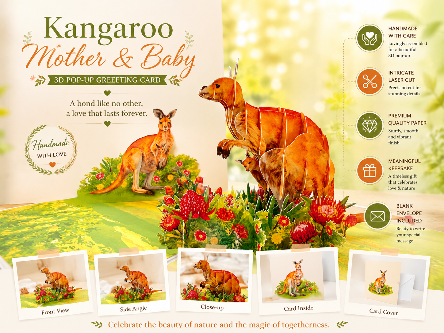 Kangaroo Mother & Baby Australian Wildlife Origami Pop Cards 3D Pop Up Greeting Card Thank You Handmade Gift Thinking of You Happy Birthday Occasion Australiana Celebrate the Beauty and Happiness During Special Day Best Wishes Gift