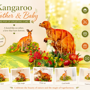 Kangaroo Mother & Baby Australian Wildlife Origami Pop Cards 3D Pop Up Greeting Card Thank You Handmade Gift Thinking of You Happy Birthday Occasion Australiana Celebrate the Beauty and Happiness During Special Day Best Wishes Gift