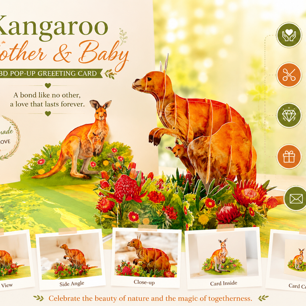 Kangaroo Mother & Baby Australian Wildlife Origami Pop Cards 3D Pop Up Greeting Card Thank You Handmade Gift Thinking of You Happy Birthday Occasion Australiana Celebrate the Beauty and Happiness During Special Day Best Wishes Gift