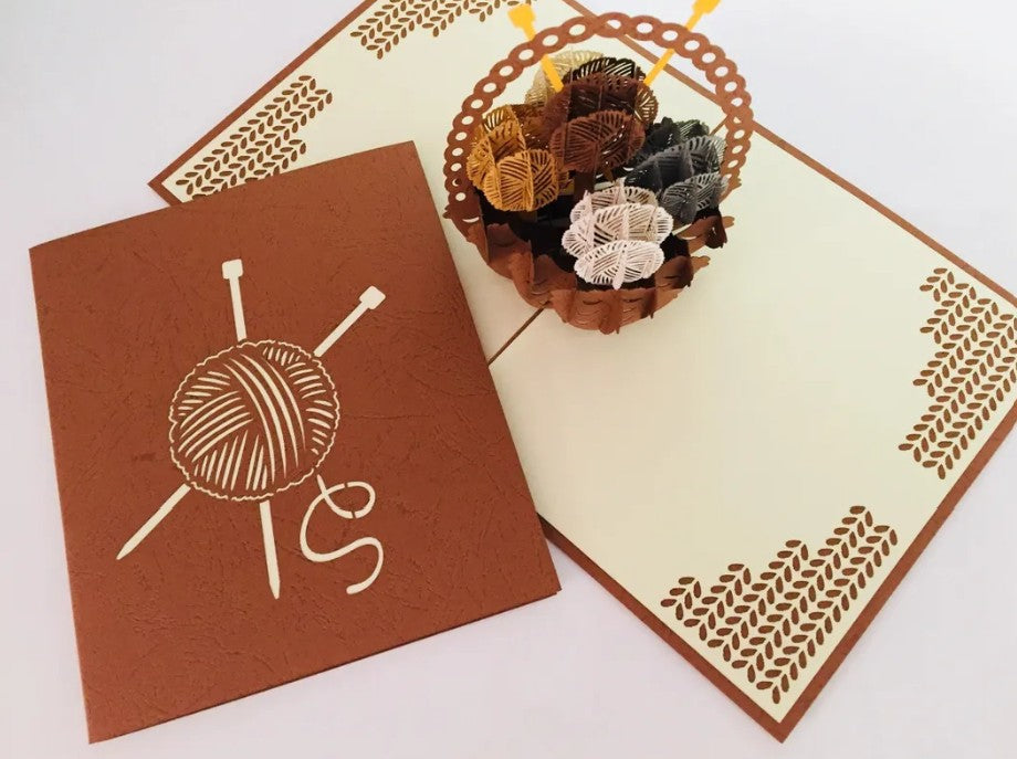 Knitting Basket in Brown Origami Pop Cards 3D Pop Up Greeting Card Thank You Handmade Gift Thinking of You Happy Birthday Occasion Australiana Celebrate the Beauty and Happiness During Special Day Best Wishes Gift